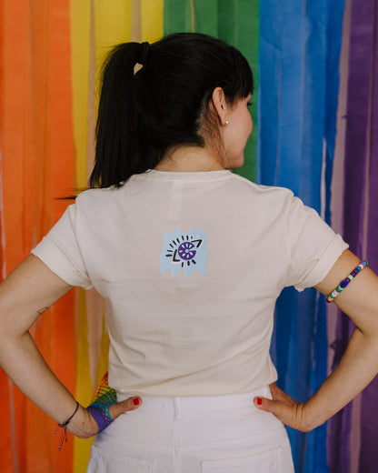 Colorful graphic t-shirt with "Girls Gays Theys" print, celebrating all identities.