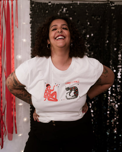 Eye-catching feminist t-shirt with a vibrant design of a woman and a cat, symbolizing strength and independence.