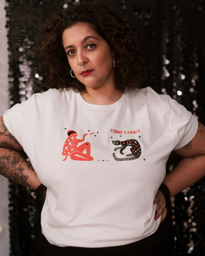 Feminist graphic t-shirt with a striking design of a woman and a cat, symbolizing strength and empowerment.