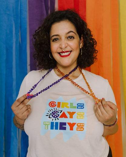 Vibrant "Girls Gays Theys" graphic t-shirt, supporting inclusivity and diversity. Eye-catching design on soft fabric.